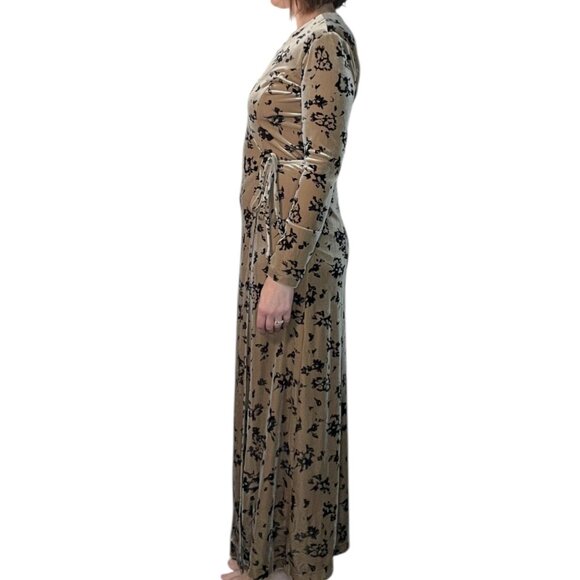 Vintage Isabella Bird Velvet Floral Maxi Wrap Dress Tan Black Small - Picture 7 of 16